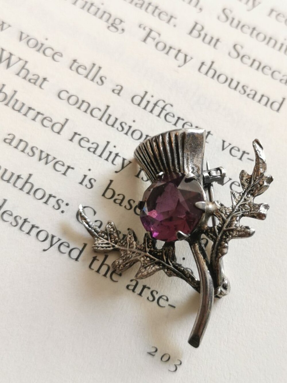 Vintage Scottish Thistle Pin Brooch Celtic Purple Gem Silvertone Leaves Jewelry